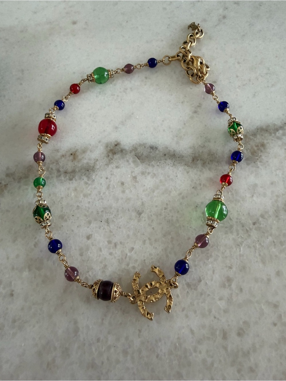 CHANEL Gold-Tone Multicolor Beaded Necklace with Interlocking CC Charm - Picture 2 of 11